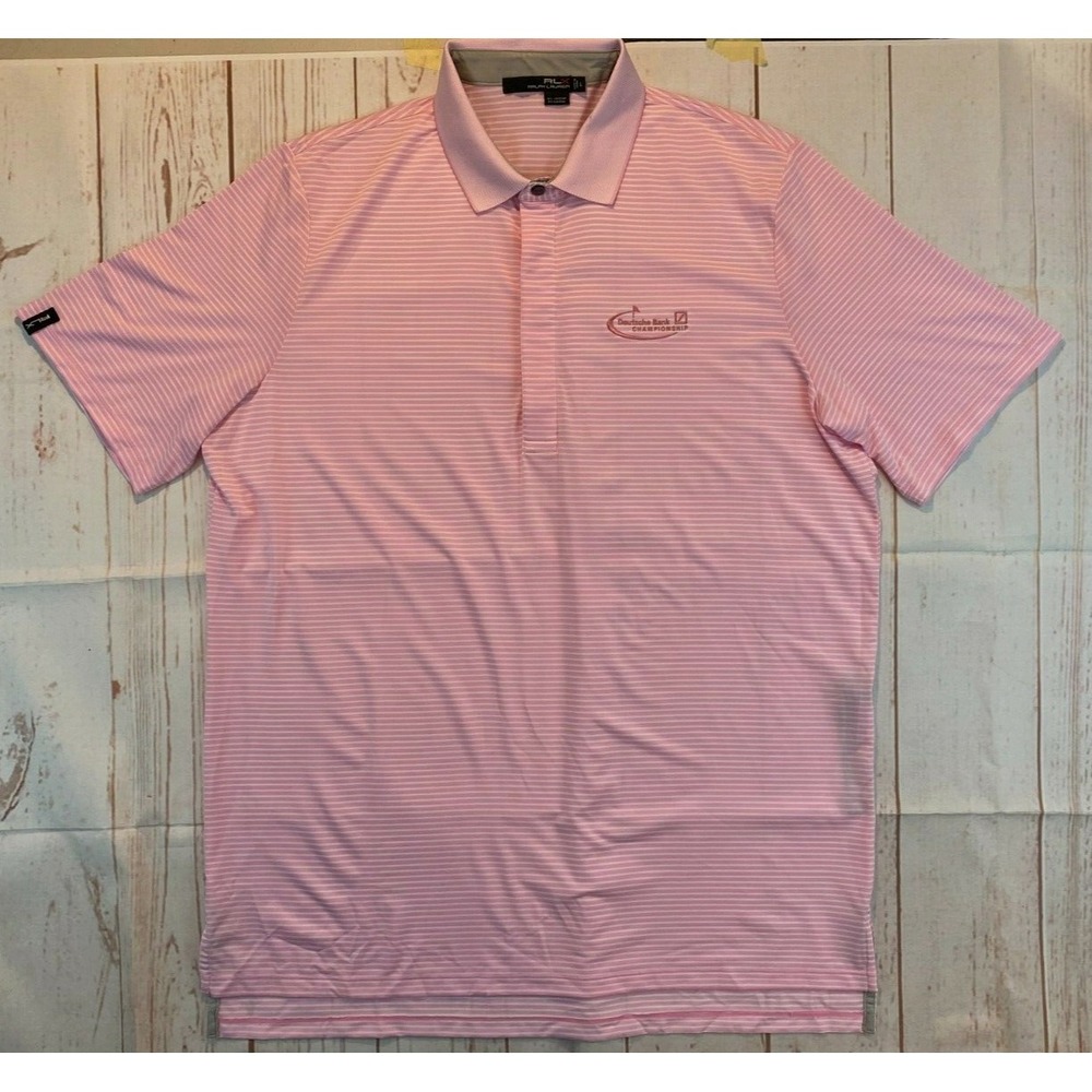 RLX Ralph Lauren Mens Sz Large Pink White Striped Stretch SS Polo Shirt PGA LOGO